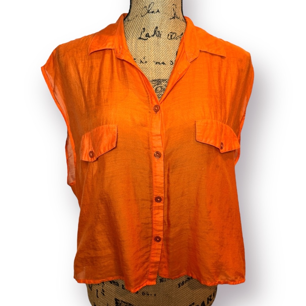 Cheap Monday Size S Vibrant Orange Sheer Button Front Silk Blend Sleeveless Top